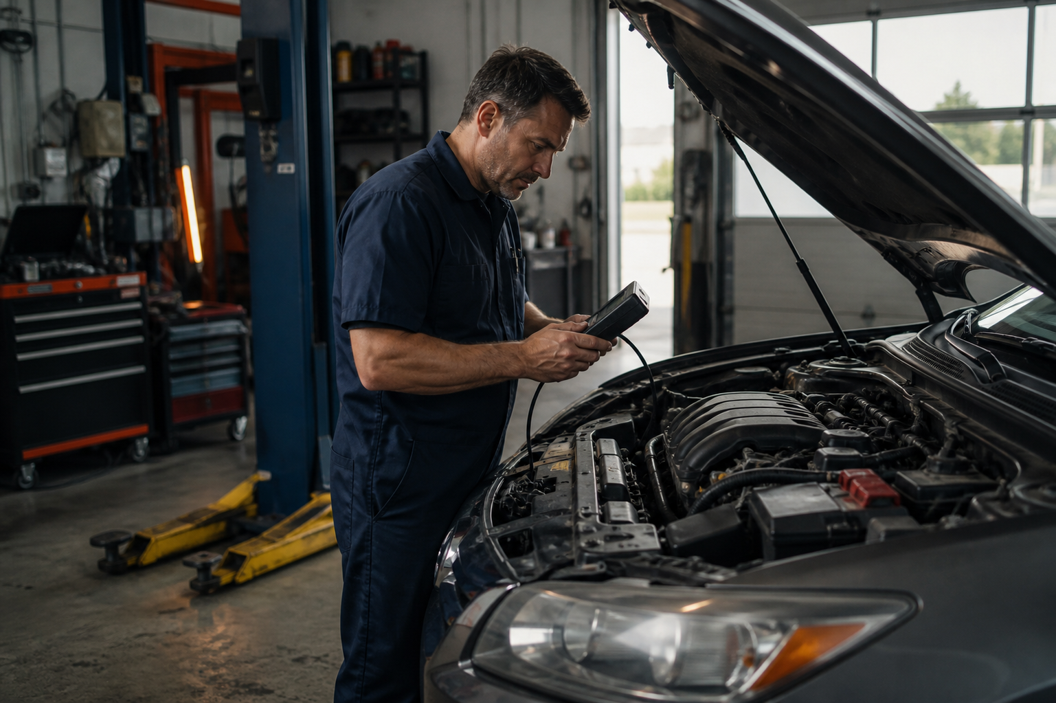 Concept photograph of a mechanic inspecting a car in an auto repair shop